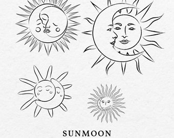 Grillige zon en maan doodle clipart – Celestial SVG PNG-bundel