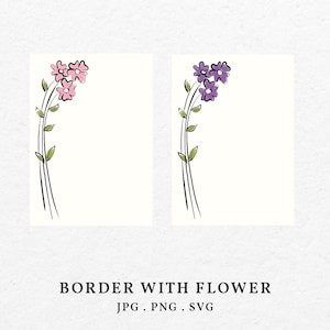 Borde dibujado a mano con paquete de ilustración de flores SVG PNG - Marco caprichoso Doodle Flor Floristería Clip Art Color Menú de invitación de boda