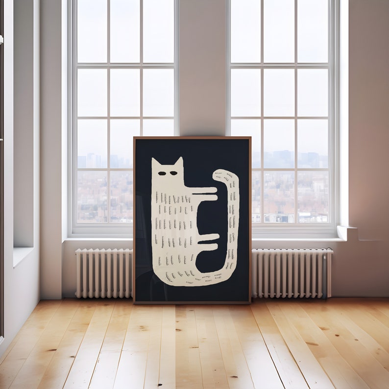 Minimalist White Cat Art Print – Modern Black & White Kitty (digital ...
