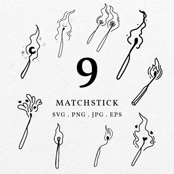 Matchstick Illustration SVG PNG Bundle - Matches Tattoo Silhouette, Match Clipart, Match Flames, Matches Line Art, Drawing Match Fire