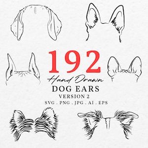 May include: A set of 192 hand-drawn dog ear illustrations in black and white. The ears are in various styles and sizes, perfect for creating custom pet portraits or other creative projects.