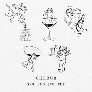 Cherub Illustration SVG PNG Bundle - Handgezeichnete Amor Ikone für Valentinstag und Hochzeitseinladung Clip Art, Zeichnung Gott der Liebe Umrisse