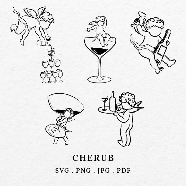 Cherub Illustration SVG PNG Bundle - Hand Drawn Cupid Icon For Valentine and Wedding Invitation Clip Art, Drawing God of Love Outline