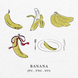 Hand Drawn Banana Fruit Color Illustration Clip Art SVG PNG - Whimsical Doodle Fruits Icon For Wedding Invitation Menu Birthday Party