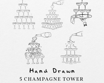 Hand Drawn Flowing Champagne Tower And Glasses Pyramide Drawing Illustration SVG PNG, Wedding Party Line Icon , Clipart Symbols Transparent