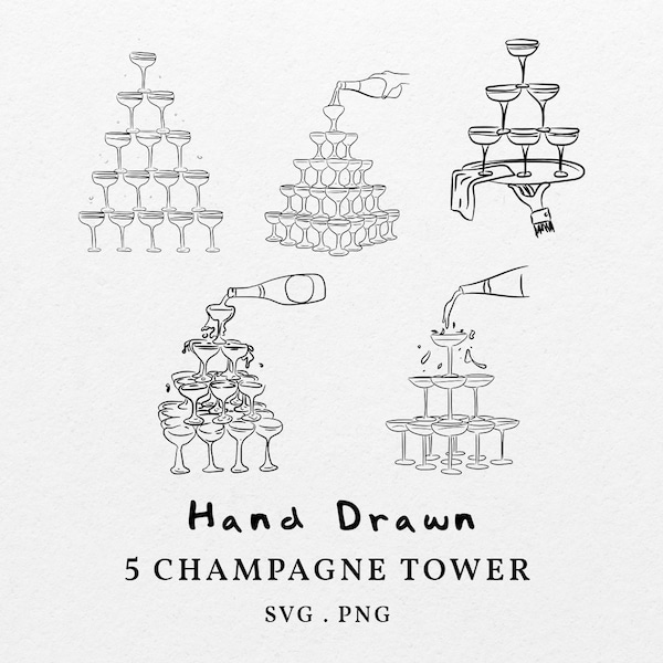 Hand Drawn Flowing Champagne Tower And Glasses Pyramide Drawing Illustration SVG PNG, Wedding Party Line Icon , Clipart Symbols Transparent