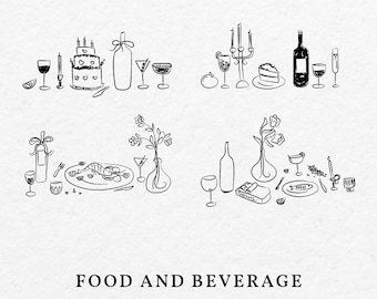 Ilustración de estilo italiano de alimentos y bebidas SVG PNG Bundle - Vino caprichoso dibujado a mano, mariscos, pastel, icono de Martini Contorno Clip Art