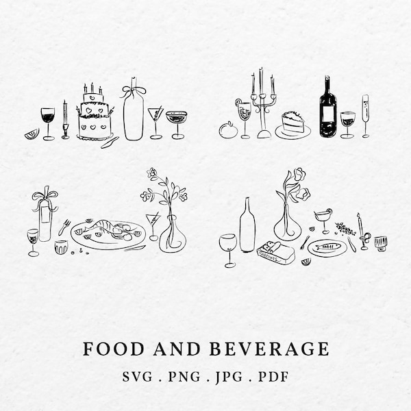 Food And Beverage Italian Style Illustration SVG PNG Bundle - Hand Drawn Whimsical Wine, Seafood, Cake, Martini icon Outline Clip Art