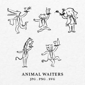 May include: Five black and white line drawings of animals dressed as waiters, each holding a tray with drinks. The animals are a crocodile, a frog, an elephant, a giraffe, and a leopard.