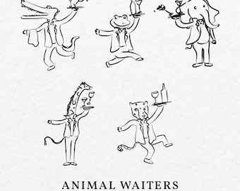 Animal Waiters Illustration – Hand-Drawn Crocodile, Giraffe, Elephant (svg, png, jpg, pdf)