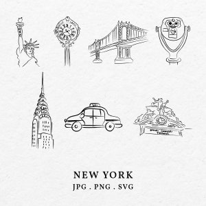New York illustratie bundel SVG PNG - handgetekende grillige New York iconisch gebouw standbeeld pictogram dingen voor bruiloft plaats overzicht illustraties