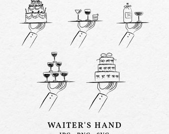 Waiter's Hand Illustration Bundle SVG PNG - Hand Drawn Waiter's with Food, Drink and Beverage Icon Outline, Whimsical Drawing Sketch
