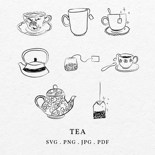 Tea Icon Illustration SVG PNG Bundle - Hand Drawn Glass Of Tea Clip Art, Whimsical Tea Outline, Teapot Artwork Doodle, Drawing Tea Bag