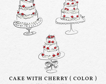 Wedding Cake With Cherry Illustration Bundle SVG PNG - Hand Drawn Whimsical Married Cake Cherries Clip Art Icon For Wedding Invitation