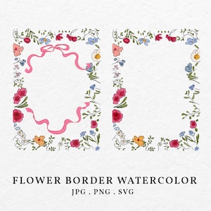 Flower Border Frame Watercolor Illustration Bundle SVG PNG - Hand Drawn Whimsical Blossom Frame Colorful Clip Art Icon Wedding Invitation