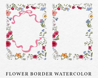 May include: Two watercolor floral frames with pink ribbon accents. The frames are filled with a variety of flowers in shades of pink, red, blue, yellow, and green. The frames are perfect for adding a touch of whimsy to any project.