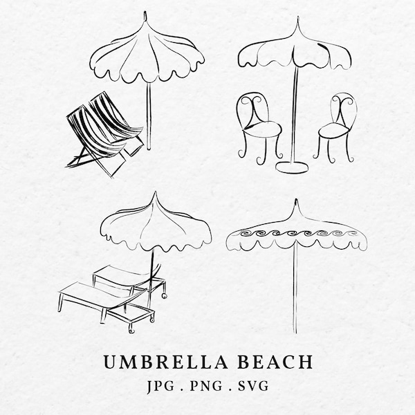 Umbrella Beach Illustration Doodle Bundle Clip Art SVG PNG - Hand Drawn Whimsical Classic Chair For Birthday Party and Wedding Invitation