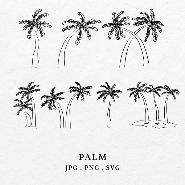 Palm Tree Illustration Clip Art SVG PNG Bundle - Hand Drawn Whimsical Whimsy Tropical Palm Trees For Wedding Invitation Icon Outline