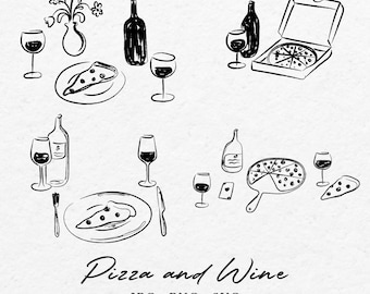 Hand Drawn Pizza and Wine Clipart – Wedding & Bridal Shower (SVG, PNG)