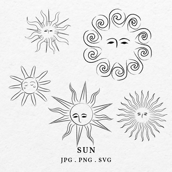 Sun Face Medieval Doodle Ilustración SVG PNG Paquete - Dibujado a mano Sol Vintage Icono Dibujo Invitación Sol Clipart, Tarjeta de Invitación Caprichosa