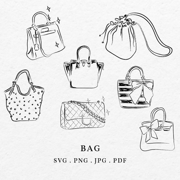 Luxury Bags Illustration SVG PNG Bundle - Hand Drawn Designer Handbags Icon, Drawing High-end Purses Art, Sketch Premium Totes Clipart