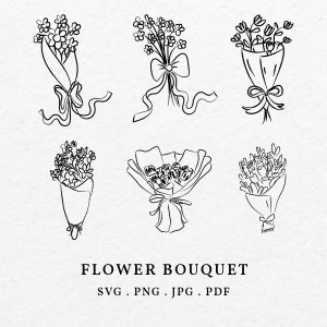 Flower Bouquets Illustration SVG PNG Bundle - Hand Drawn Florist Clipart, Drawing Flower For Wedding Invitation Card Icon Whimsical