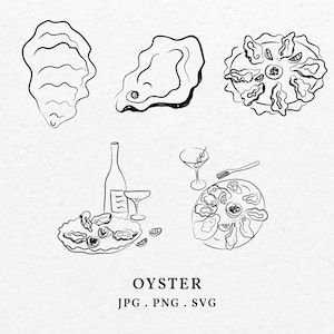 May include: A black and white line drawing illustration of oysters on a plate with a glass of wine and a bottle of wine. The text "OYSTER JPG. PNG. SVG" is at the bottom of the image.