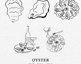 Oyster Illustration SVG PNG Bundle - Hand Drawn Whimsical Oysters Clip Art Outline Icon For Wedding Invitation Bridal Shower Party Martini