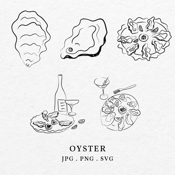 Oyster Illustration SVG PNG Bundle - Hand Drawn Whimsical Oysters Clip Art Outline Icon For Wedding Invitation Bridal Shower Party Martini