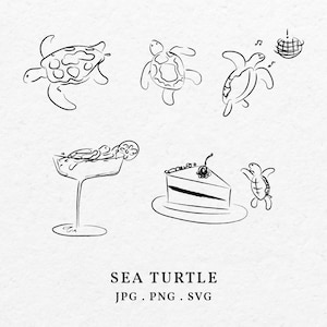 Puede incluir: Una ilustración en blanco y negro de cinco tortugas marinas en varias poses. Las tortugas están dibujadas de una manera simple y estilizada. La imagen también incluye una copa de cóctel, una rebanada de pastel y una bola de discoteca.