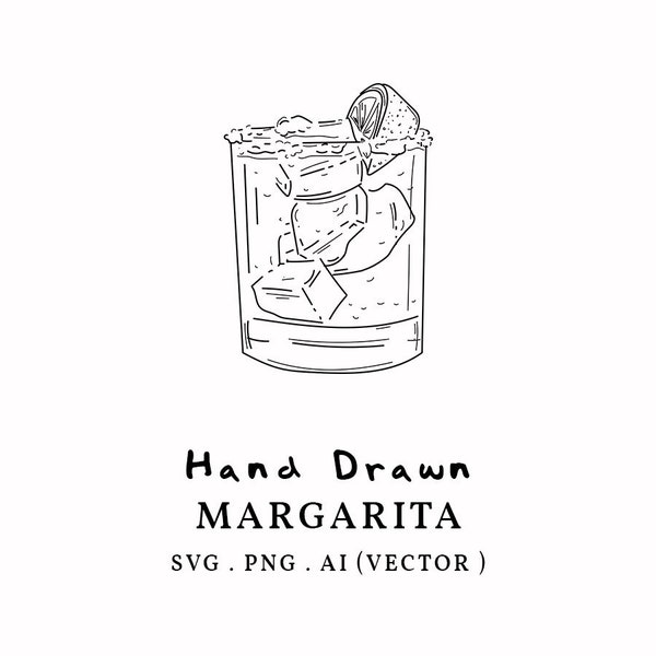 Hand Drawn Margarita Glass Illustration PNG SVG, Cocktail Drawing Sketch Clip Art Signature Drink, Wedding Sign bar Cart Ideas Logo Download