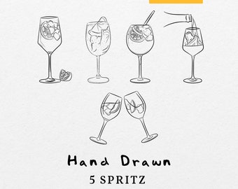 May include: Hand-drawn illustration of five spritz cocktails. The illustration includes a spritz being poured from a bottle, two spritz glasses clinking, and three individual spritz glasses. The text "Hand Drawn 5 Spritz SVG. PNG. AI. EPS" is below the illustration.