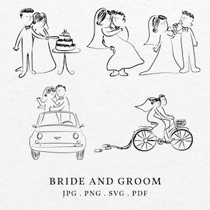Whimsical Bride And Groom Couples Illustration Bundle SVG PNG - Hand Drawn Wedding Couple Clip Art Outline, Drawing For Invitation Icon