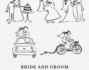 Whimsical Bride And Groom Couples Illustration Bundle SVG PNG - Hand Drawn Wedding Couple Clip Art Outline, Drawing For Invitation Icon