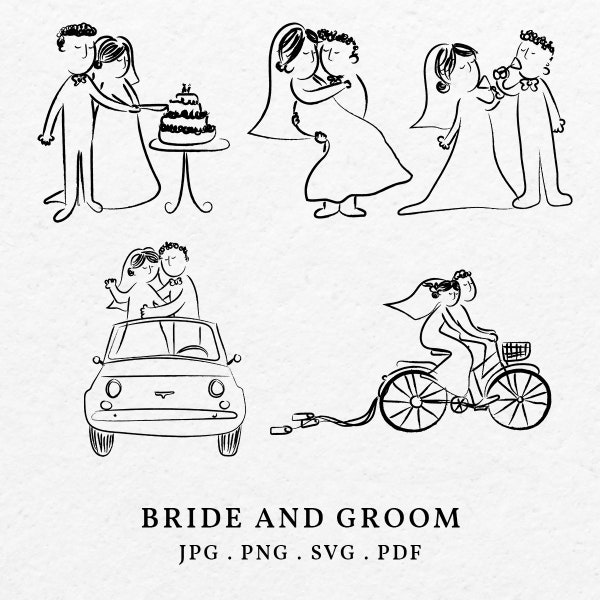 Whimsical Bride And Groom Couples Illustration Bundle SVG PNG - Hand Drawn Wedding Couple Clip Art Outline, Drawing For Invitation Icon
