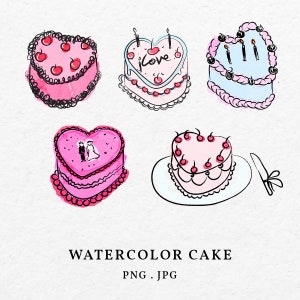 Aquarel liefdestaart illustratie bundel SVG PNG - handgetekende bruidstaart pictogram overzicht illustraties, tekening roze verjaardagstaart kleurrijk
