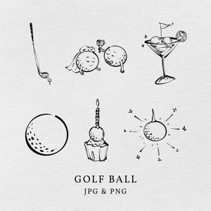May include: Black and white line art illustrations of golf balls in various scenarios. Includes a golf club, a golf ball with a tee, a martini glass with golf balls, a golf ball wedding, a golf ball cupcake, and a golf ball with starbursts. Text reads "GOLF BALL JPG & PNG."