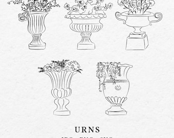 May include: Five black and white line drawings of urns with different floral arrangements. The urns are all different shapes and sizes. The text "URNS JPG. PNG. SVG" is at the bottom of the image.