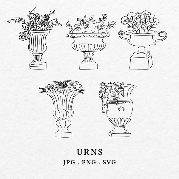 Urn Flower Illustration Bundle SVG PNG - Hand Drawn Flowers Vase Icon Outline, Whimsical Florist Botanical Clip Art For Wedding Invitation