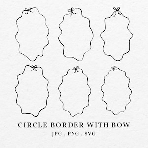 Wavy Round Border With Bow Illustration Bundle SVG PNG - Hand Drawn Circle Frame Clip Art Outline, Whimsical Circular For Wedding Invitation
