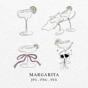 Dessiné à la main Margarita Illustration Clip Art Bundle SVG PNG - couleur du contour de l'icône cocktail Doodle lunatique pour le menu Faire-part de mariage