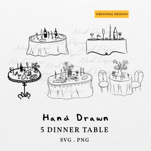 Bundle Hand Drawn Dinner Table SVG PNG, Drawing Rehearsal Wedding Invitation Icon, Dinner Party Menu Logo Clip Art Cut File Transparent