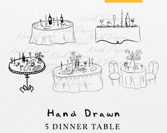 Bundle Hand Drawn Dinner Table SVG PNG, Drawing Rehearsal Wedding Invitation Icon, Dinner Party Menu Logo Clip Art Cut File Transparent