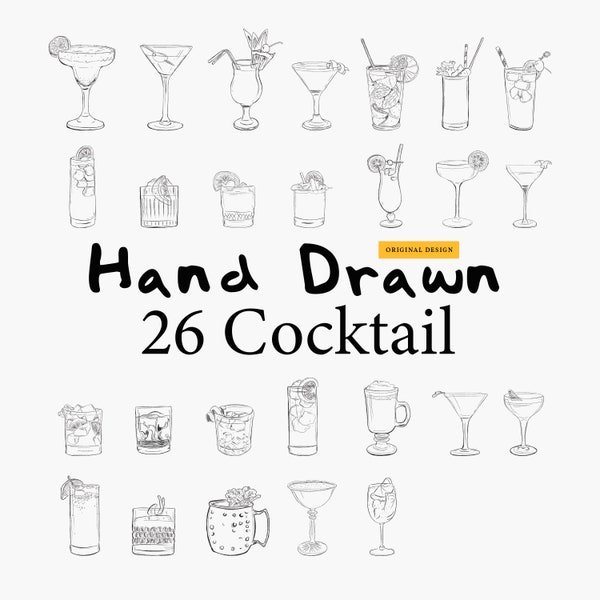 Bundle cocktails dessinés à la main Illustrations SVG PNG, clipart boisson, icône de la carte des boissons signature, vecteur de mariage, menu de bar art ligne minimaliste