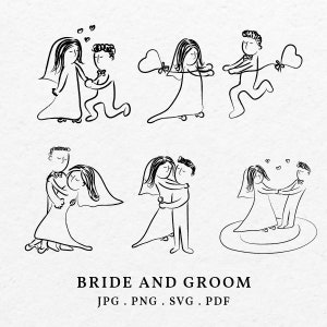 Ilustração de casal de noivos desenhado à mão SVG PNG pacote - ícone de casal de casamento caprichoso esboço clip art para convite de noiva