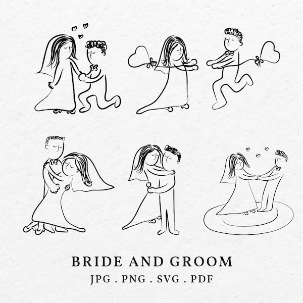 Hand Drawn Bride and Groom Couple Illustration SVG PNG Bundle - Whimsical Wedding Couple Icon Outline Clip Art For Bridal Invitation