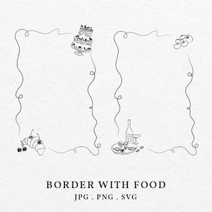 Nook Papier Scribble Border Illustrationen Bundle SVG PNG - Essen Trinken Rahmen Kuchen Wein Champagner Clip Art Gliederung für Hochzeitseinladung