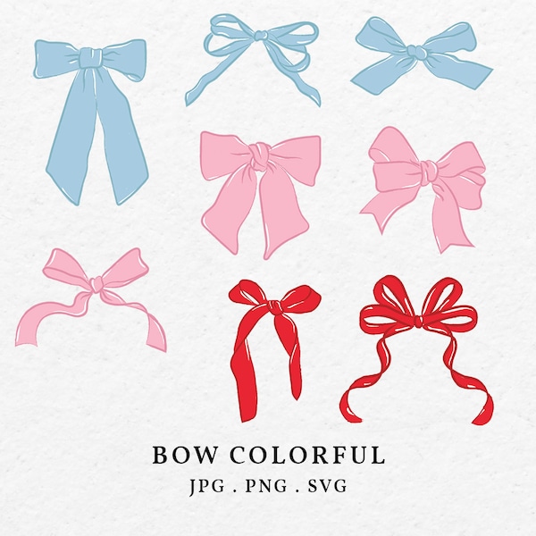 Bow Colorful Illustration Bundle SVG PNG - Hand Drawn Whimsical Pink, Red, Baby Blue Bows Clip Art, Ribbon  Baby Shower Wedding Invitation