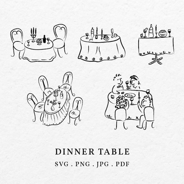 Dinner Table Illustration SVG PNG Bundle - Hand Drawn Food And Drink Icon For Wedding Invitation Card, Drawing Rehearsal Template Clipart