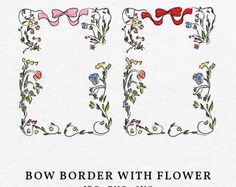 Bow Border with Flower Color Illustration Bundle SVG PNG - Hand Drawn Whimsical Frame Florist Clip Art For Wedding Invitation Bridal Shower